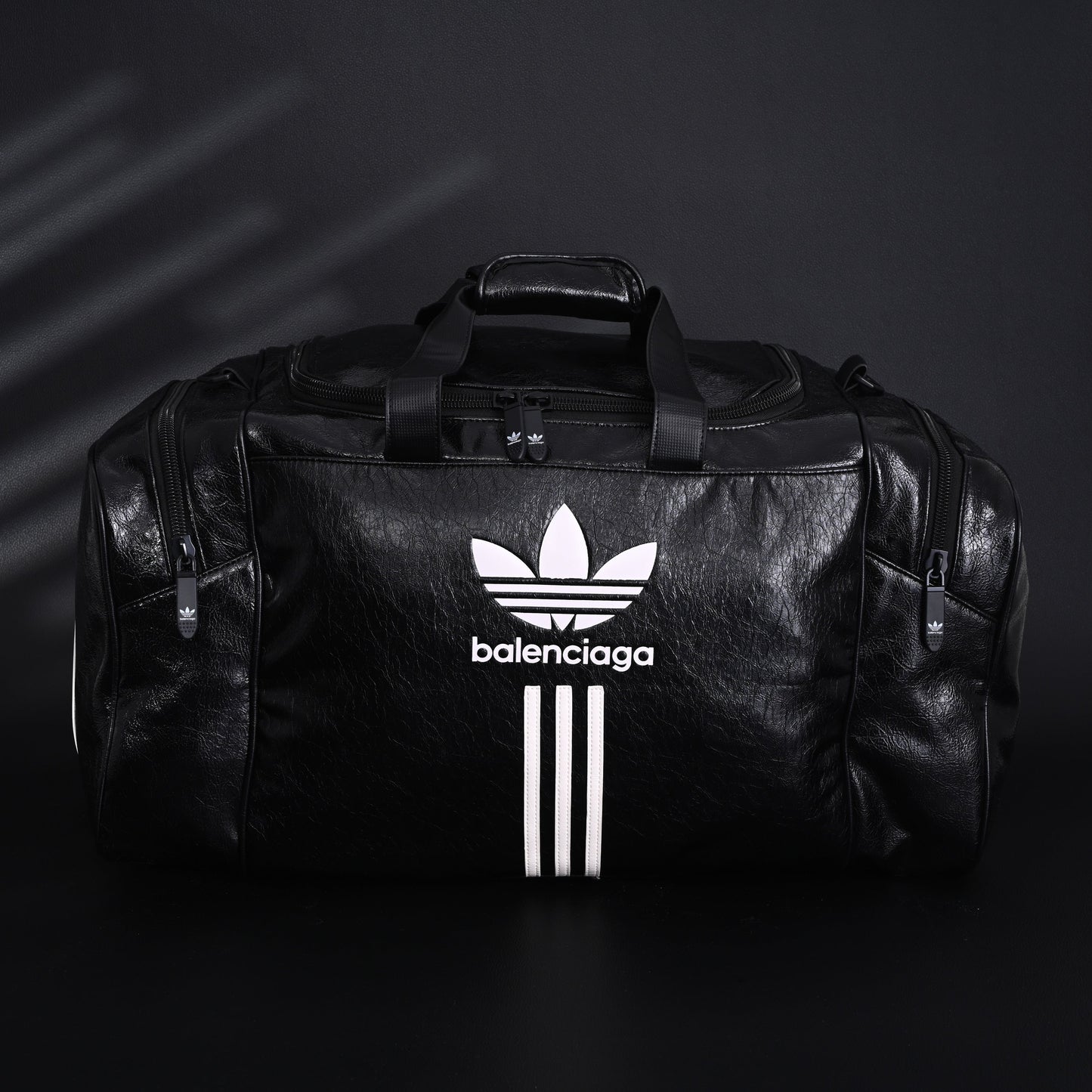 Balenciaga x adidas Large Duffel Travel Bag – Black with Trefoil Logo and Triple Stripes