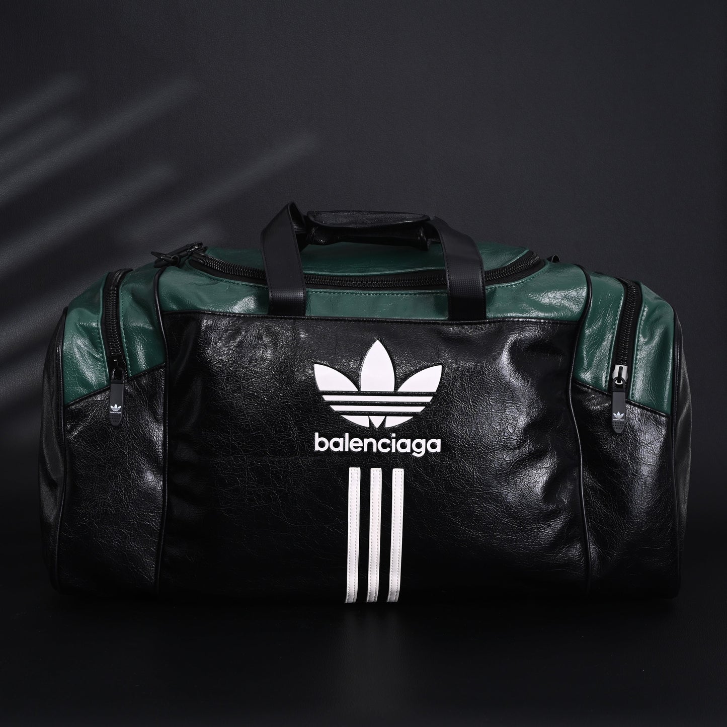 Balenciaga x adidas Large Duffel Travel Bag – Black & Green with Trefoil Logo and Triple Stripes