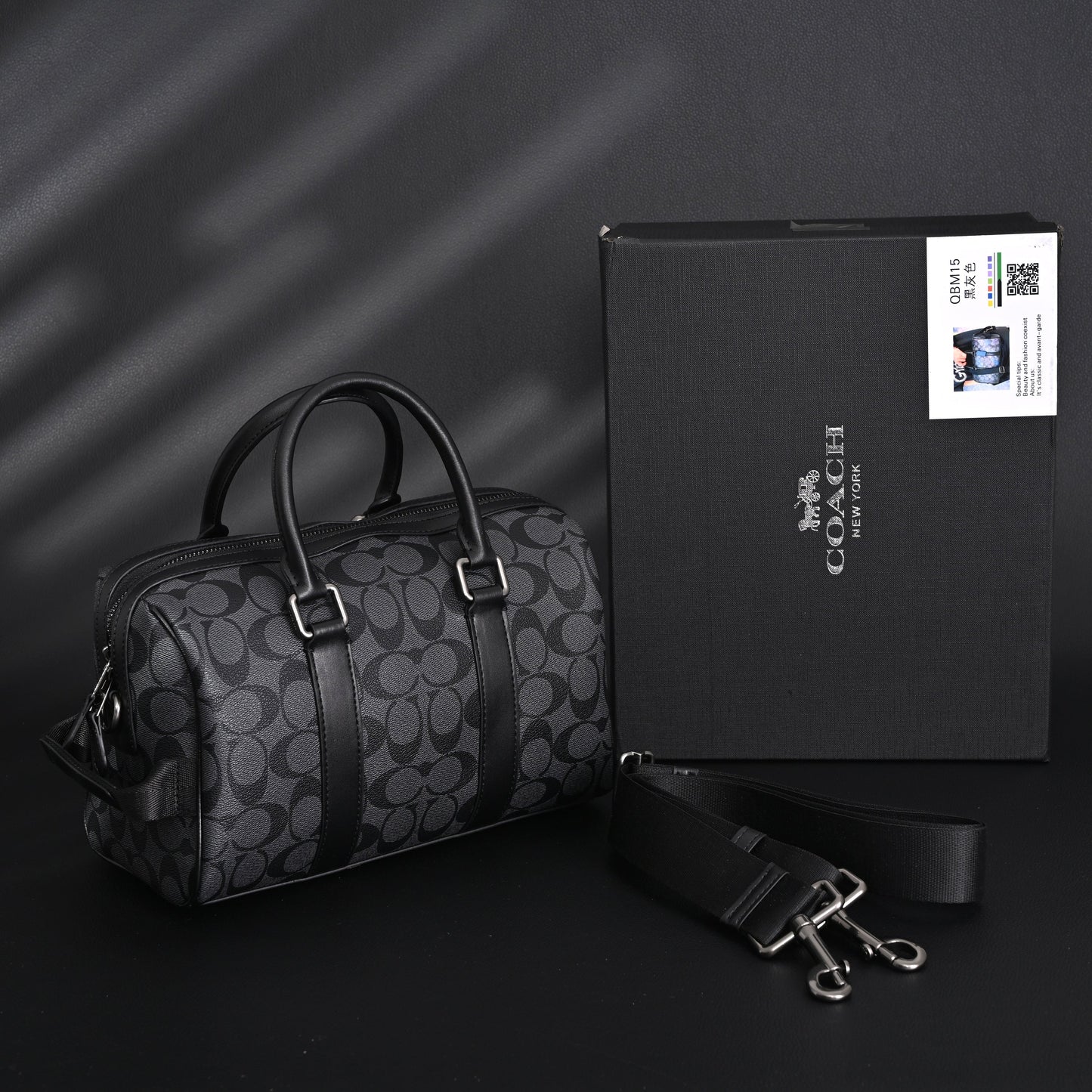 Coach Signature Duffel Bag – Black Monogram Canvas with Leather Trim