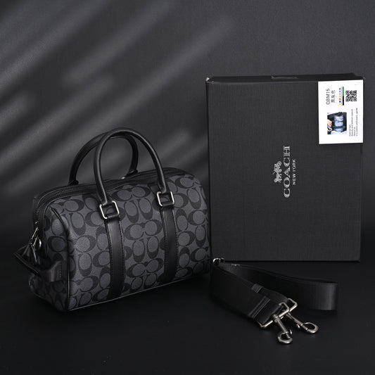 Coach Signature Duffel Bag – Black Monogram Canvas with Leather Trim