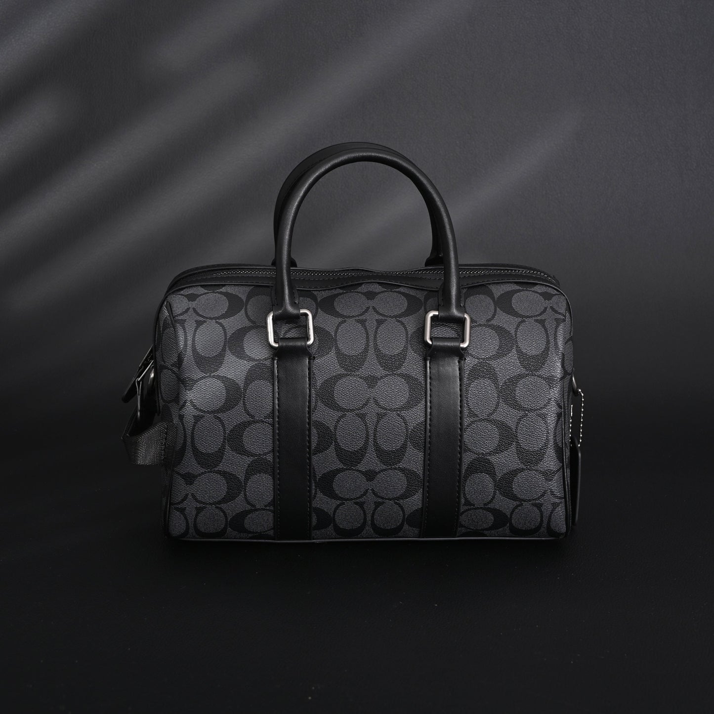 Coach Signature Duffel Bag – Black Monogram Canvas with Leather Trim