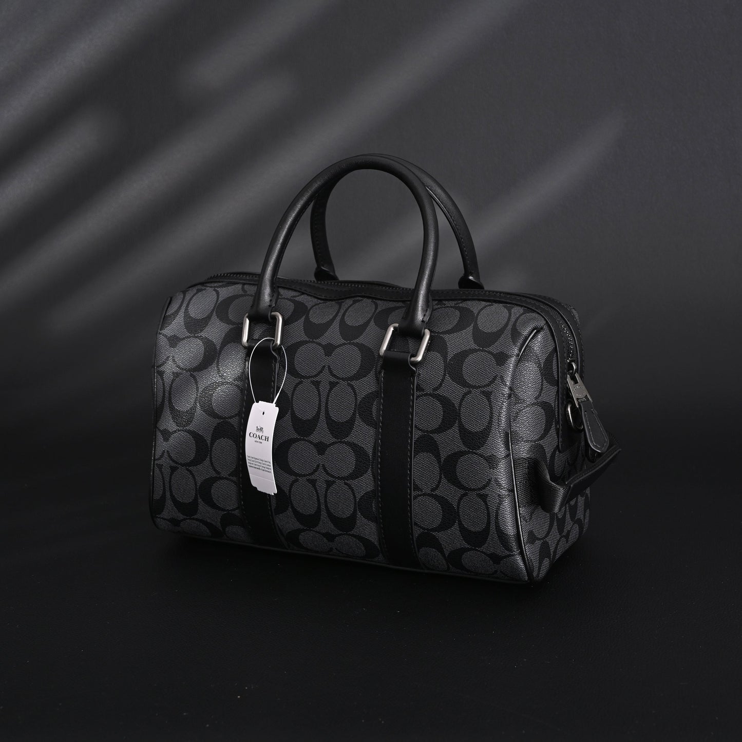 Coach Signature Duffel Bag – Black Monogram Canvas with Leather Trim