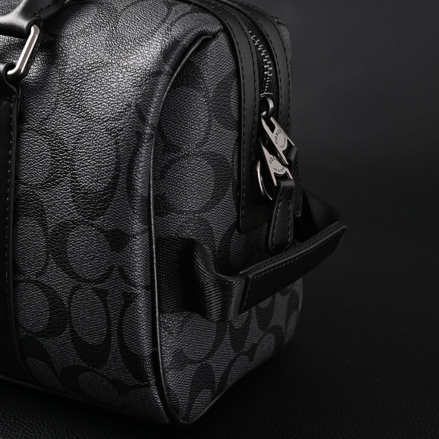 Coach Signature Duffel Bag – Black Monogram Canvas with Leather Trim