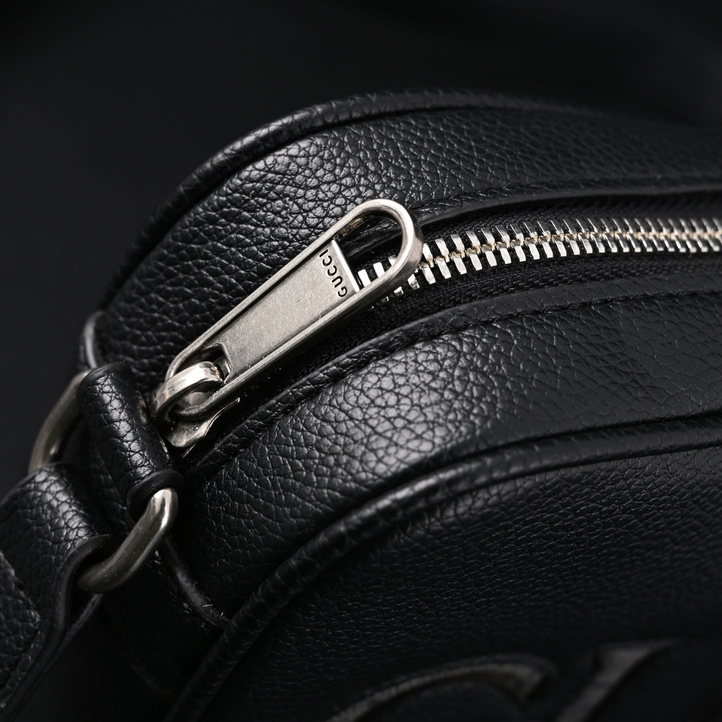 Gucci Black Leather Embossed Logo Belt Bag