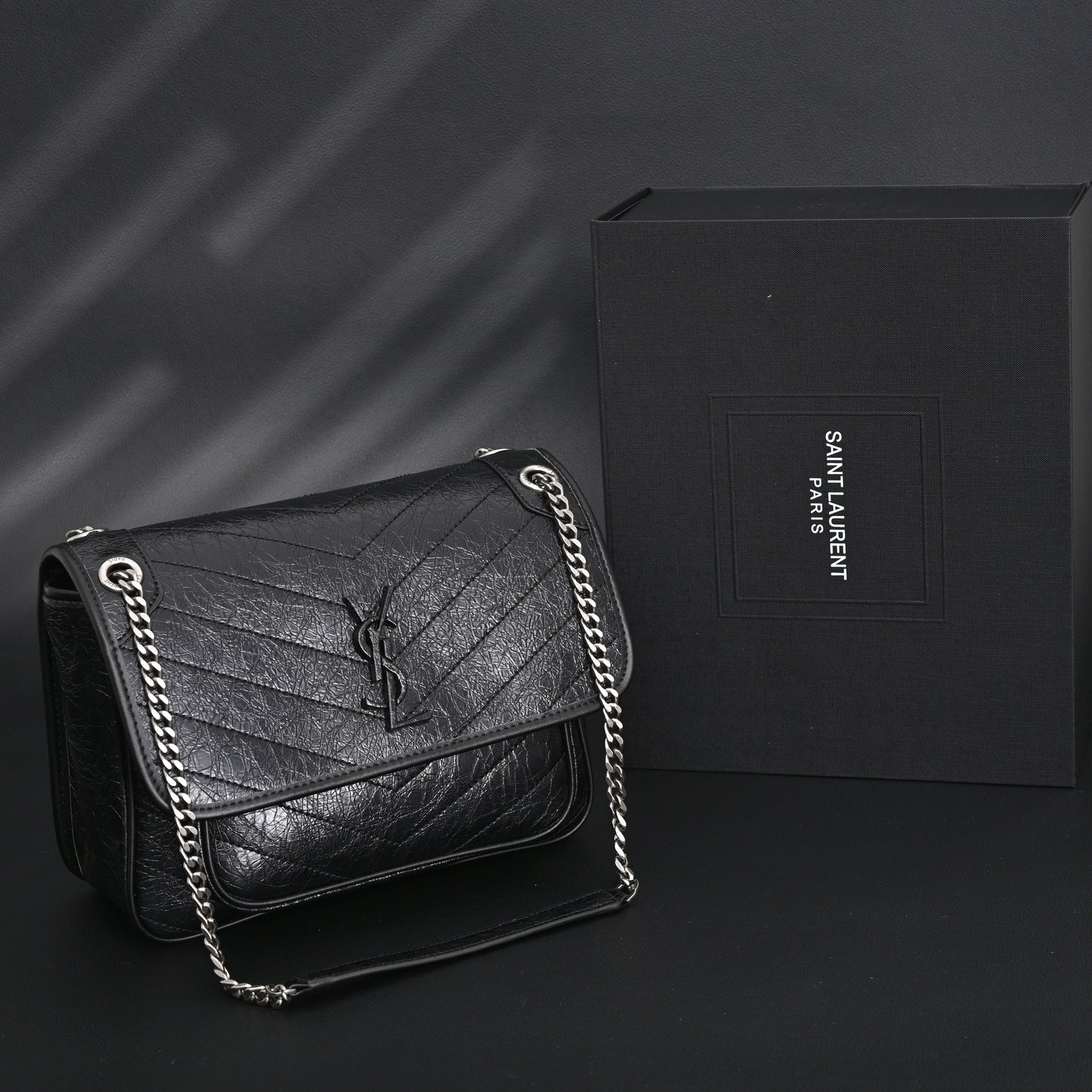 Saint Laurent Niki Medium Black Crinkled Leather Shoulder Bag