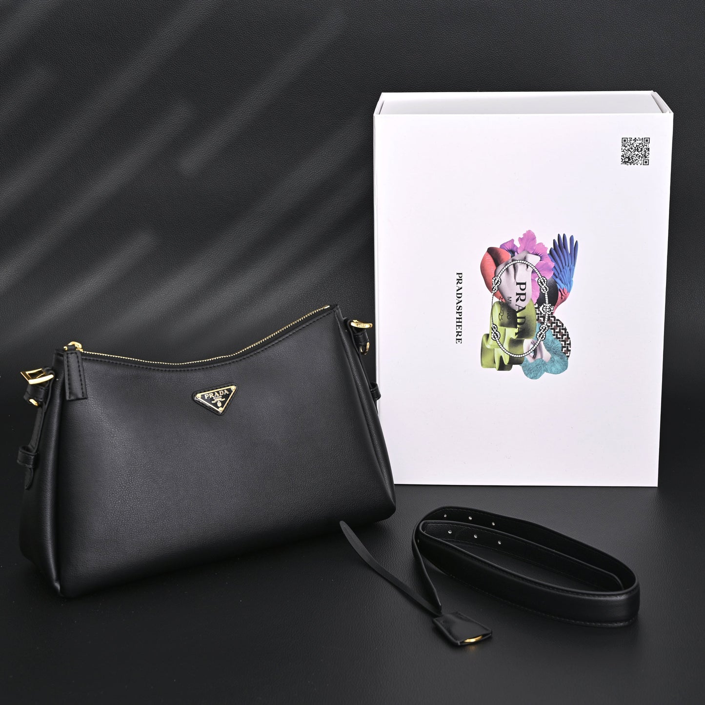 Prada Cleo Black Brushed Leather Shoulder Bag