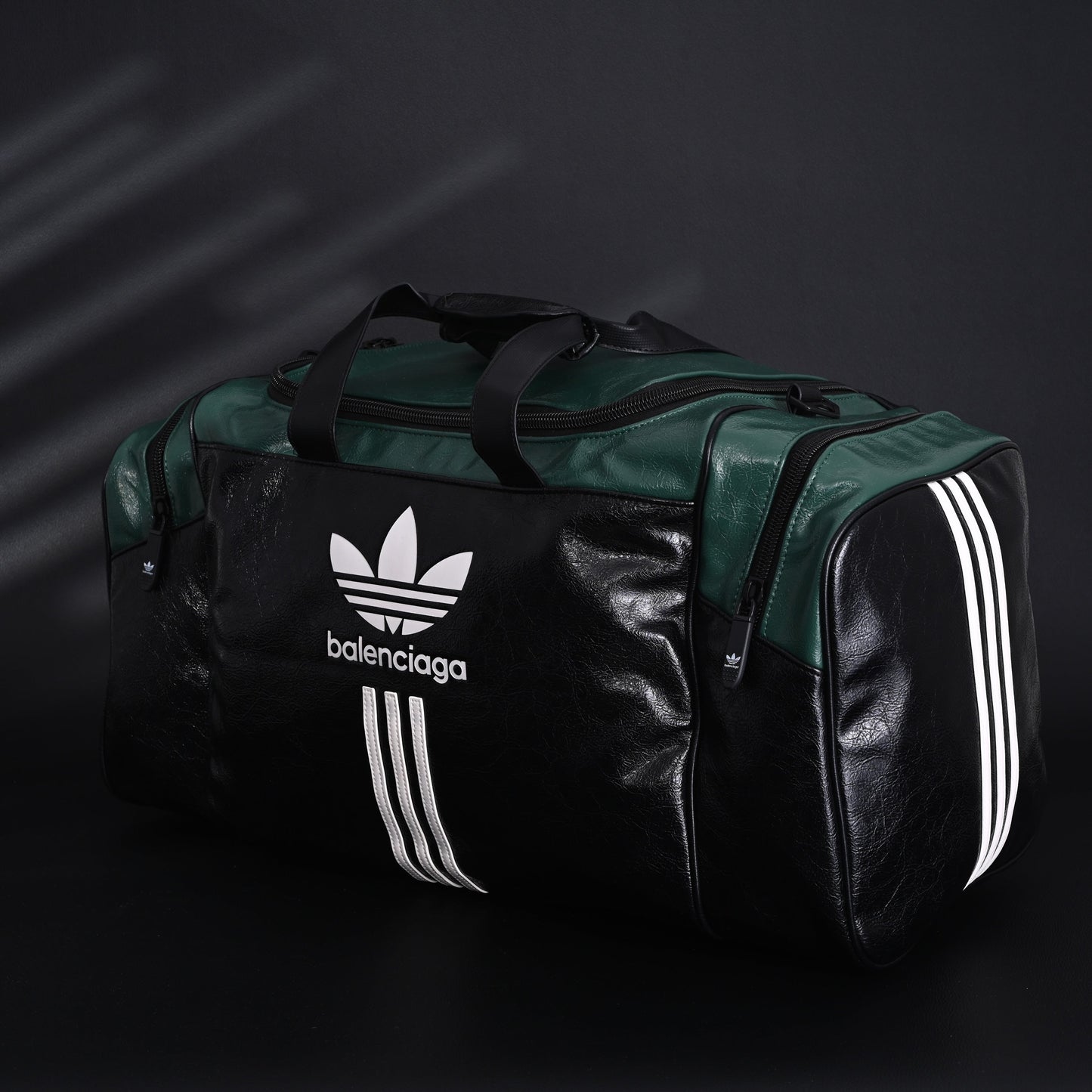 Balenciaga x adidas Large Duffel Travel Bag – Black & Green with Trefoil Logo and Triple Stripes