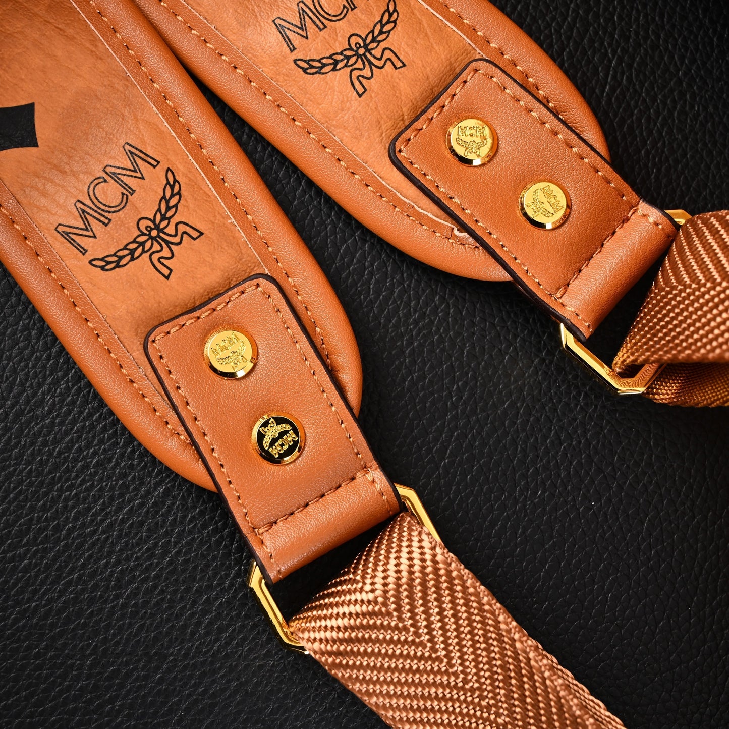 MCM Stark Visetos Medium Backpack – Cognac Monogram with Gold-Tone Studs